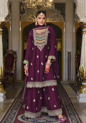 Purple Embroidered Chinon Kurta Sets