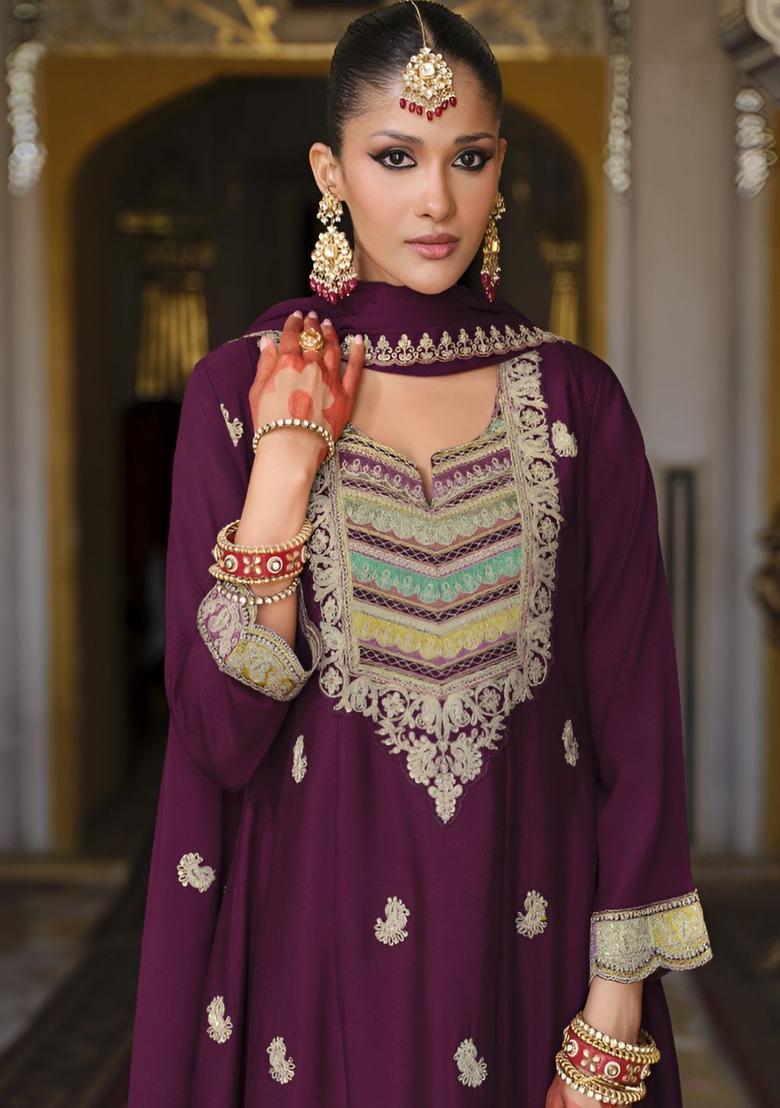 Purple Embroidered Chinon Kurta Sets - Indya