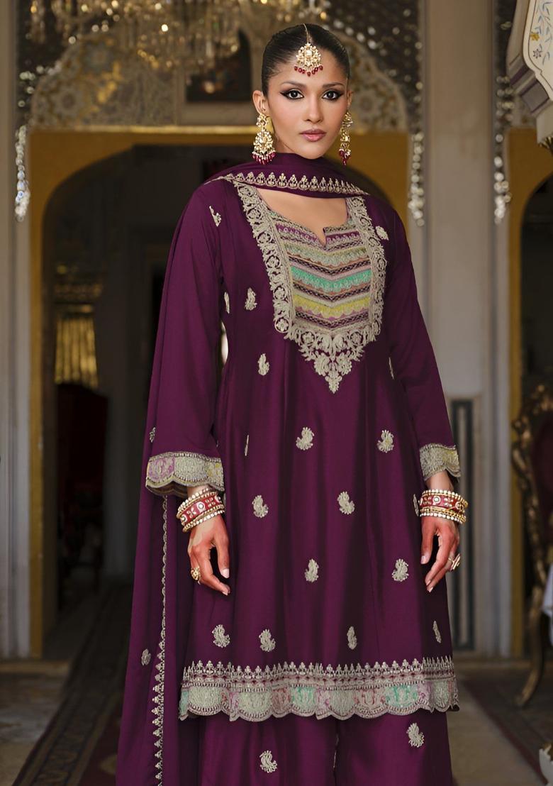 Purple Embroidered Chinon Kurta Sets - Indya
