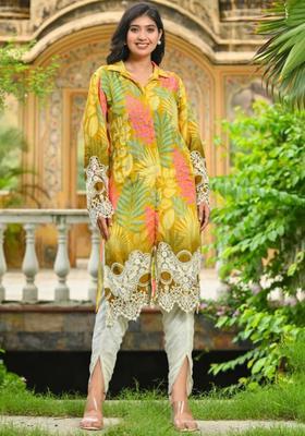 Mustard Printed Cotton Kurta Sets