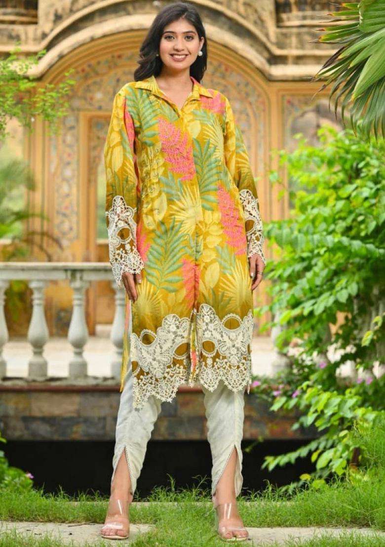 Mustard Printed Cotton Kurta Sets - Indya