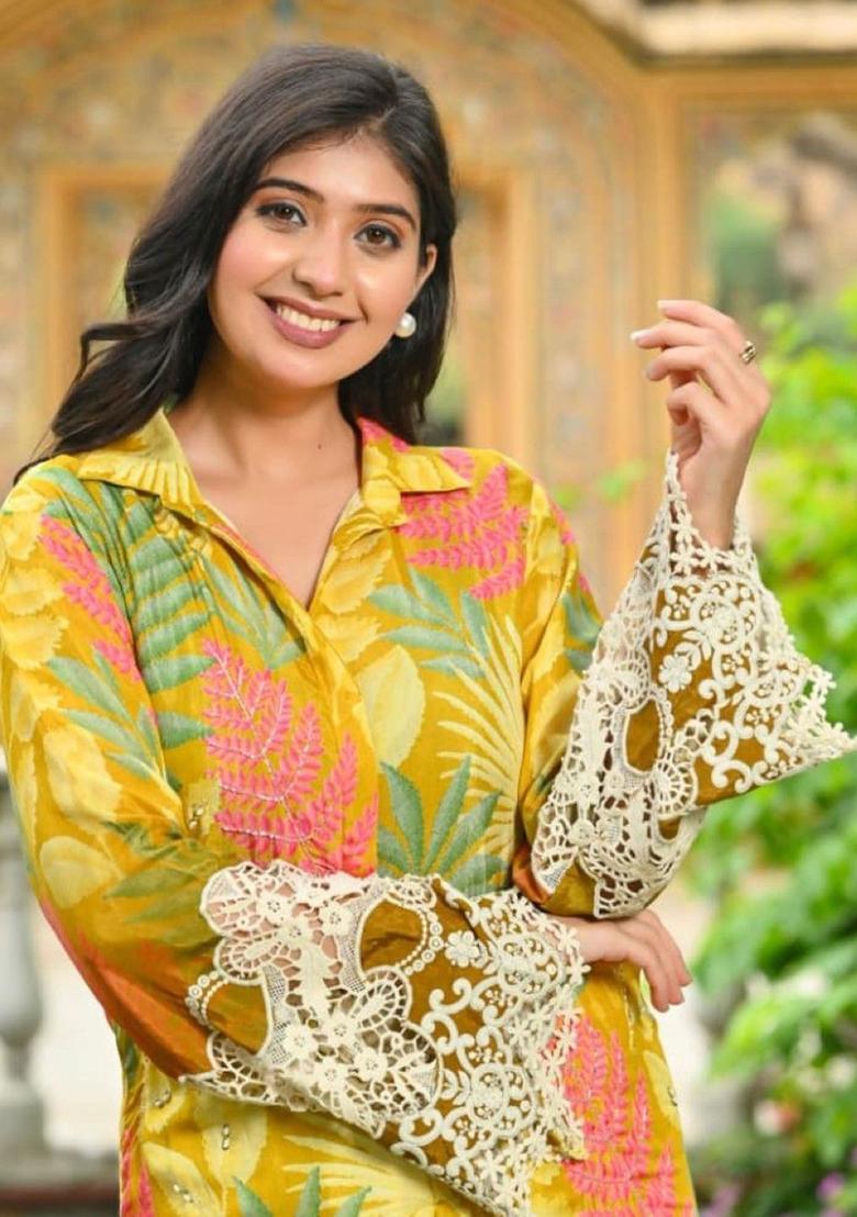 Mustard Printed Cotton Kurta Sets - Indya