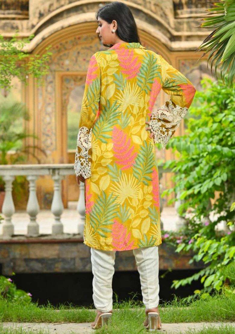 Mustard Printed Cotton Kurta Sets - Indya
