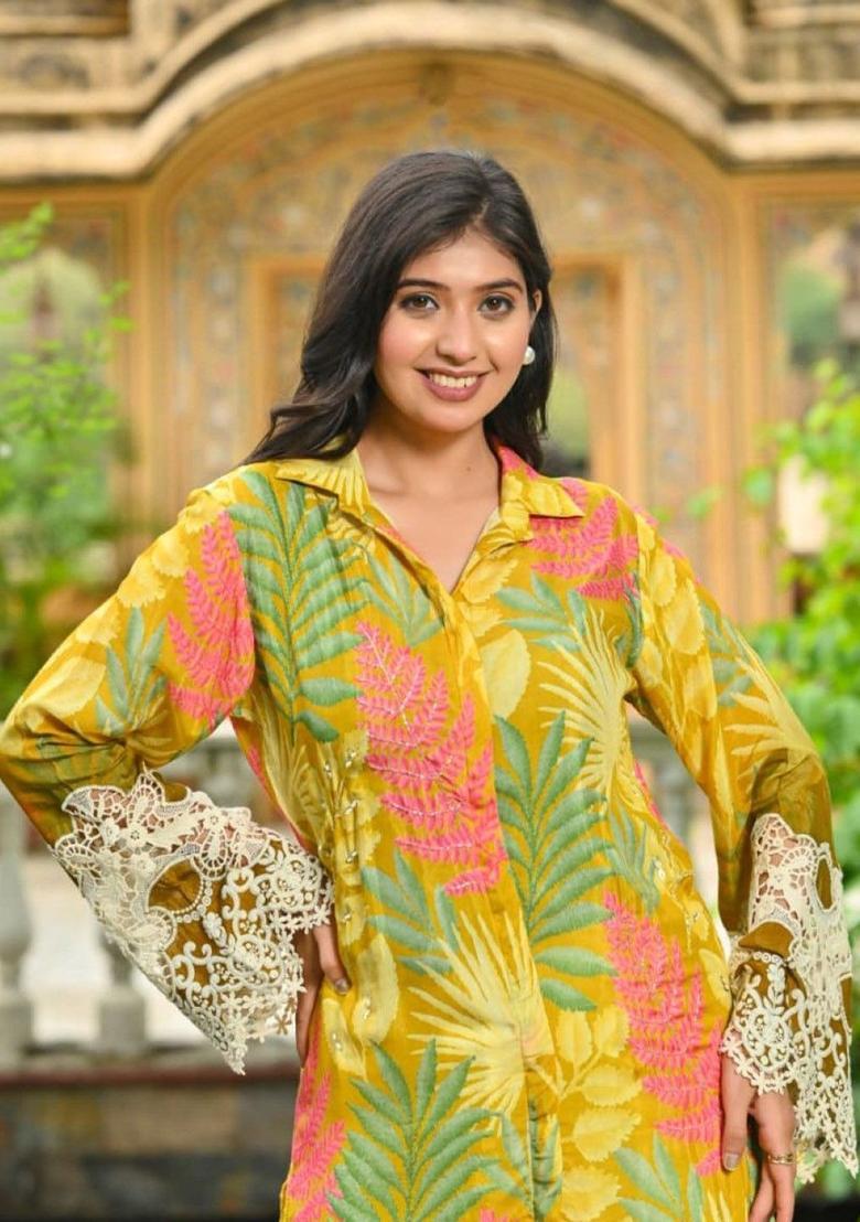 Mustard Printed Cotton Kurta Sets - Indya