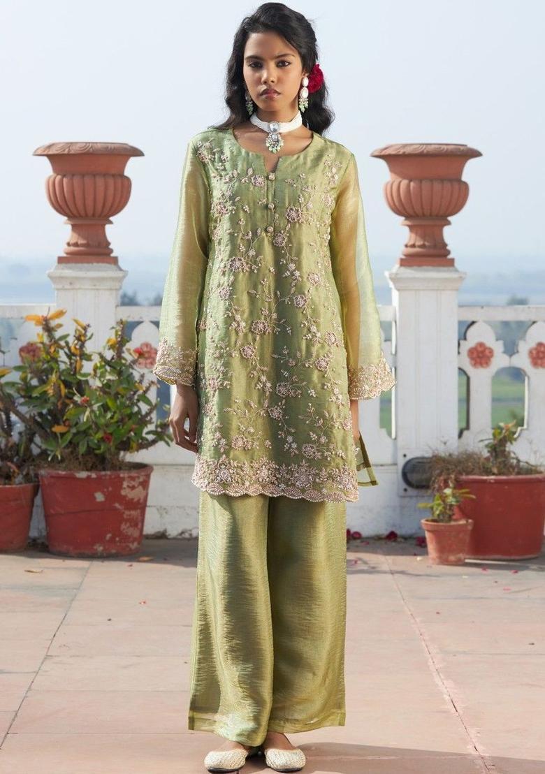 Lime Green Embroidered Silk Blend Kurta Sets - Indya