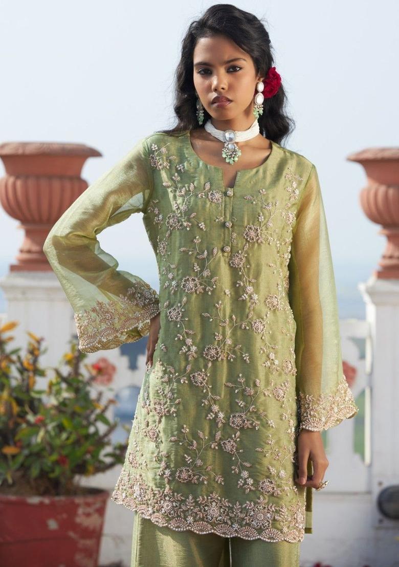 Lime Green Embroidered Silk Blend Kurta Sets - Indya