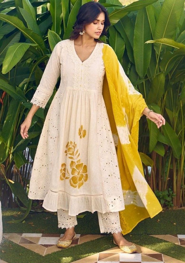 Off White Embroidered Cotton Kurta Sets - Indya