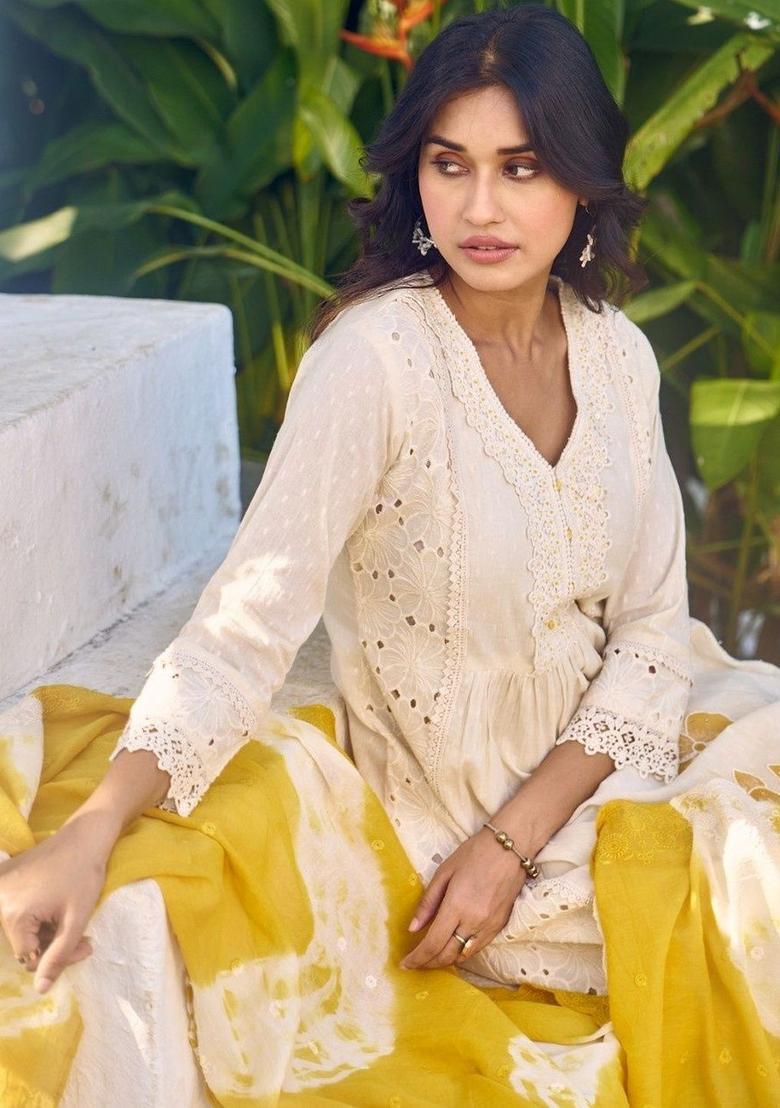 Off White Embroidered Cotton Kurta Sets - Indya
