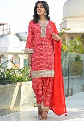 Red Printed Linen Kurta Sets