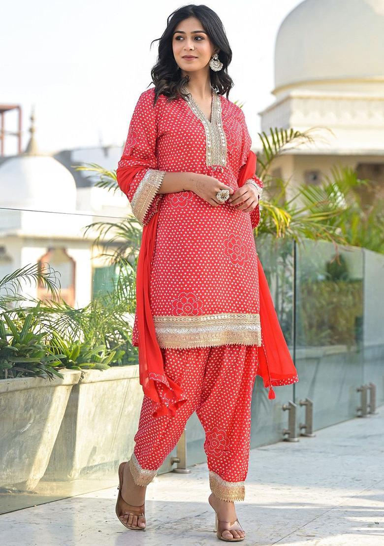 Red Printed Linen Kurta Sets - Indya