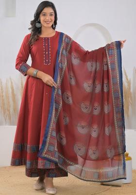 Red Solid Cotton Anarkli Sets