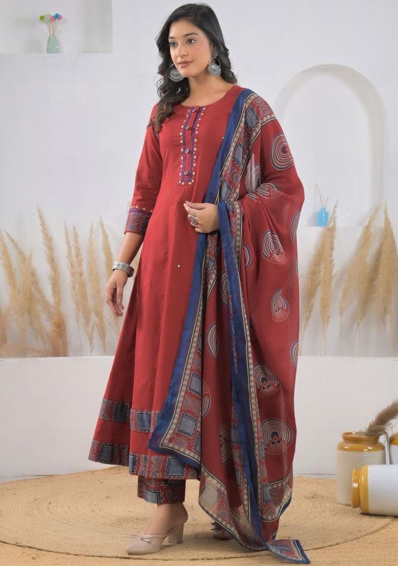 Red Solid Cotton Anarkli Sets - Indya