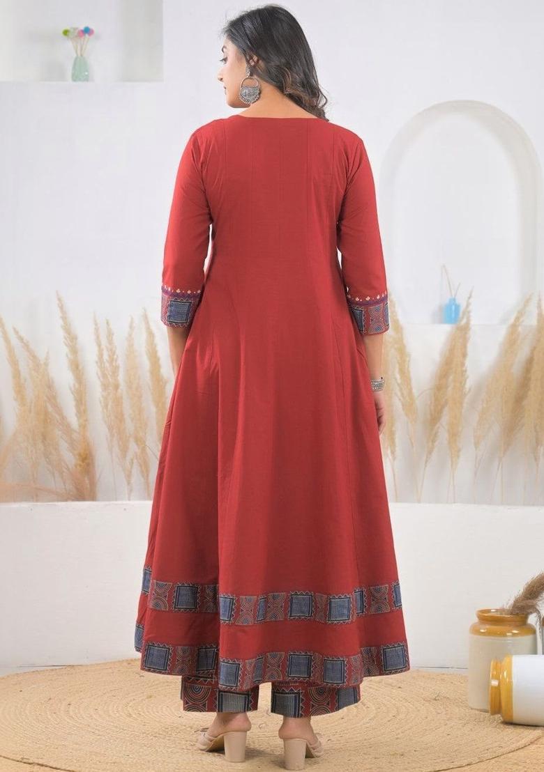 Red Solid Cotton Anarkli Sets - Indya