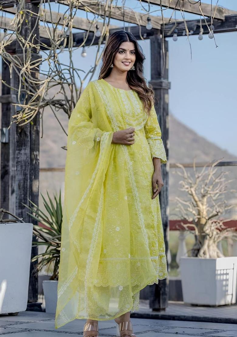 Lime Green Embroidered Cotton Anarkli Sets - Indya