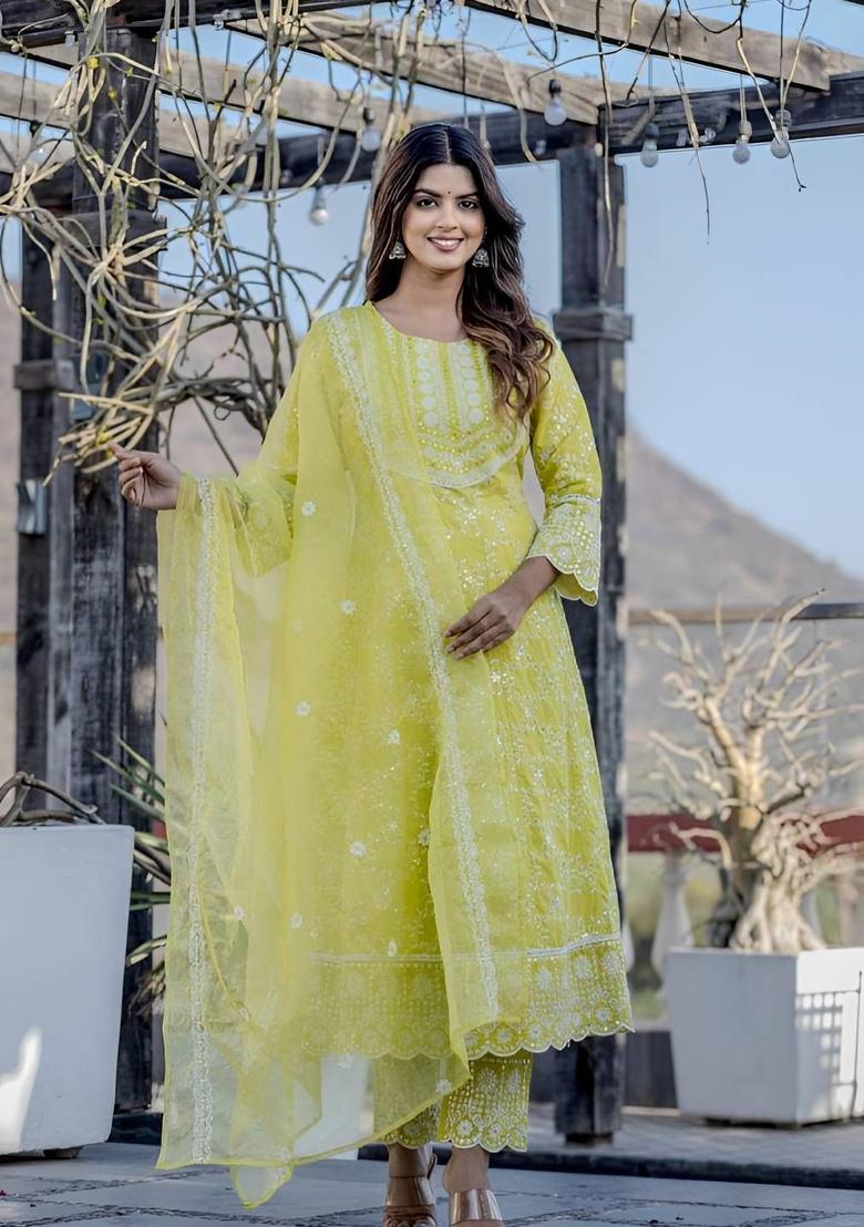 Lime Green Embroidered Cotton Anarkli Sets - Indya