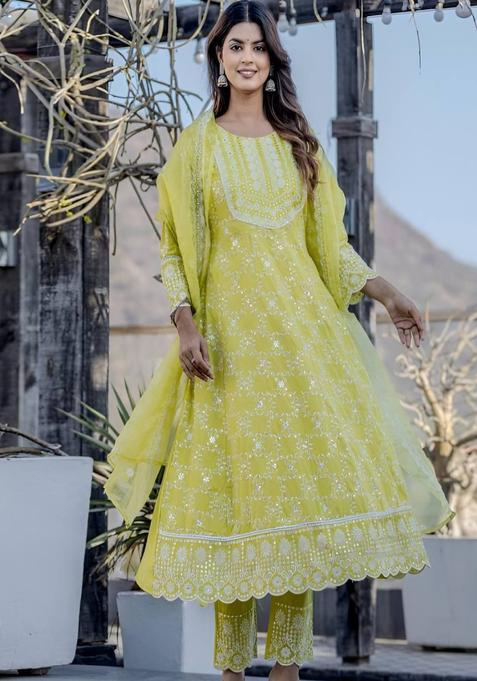 Lime Green Embroidered Cotton Anarkli Sets