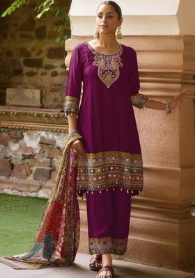 Purple Printed Silk Blend Kurta Sets