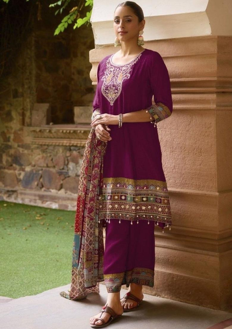 Purple Printed Silk Blend Kurta Sets - Indya