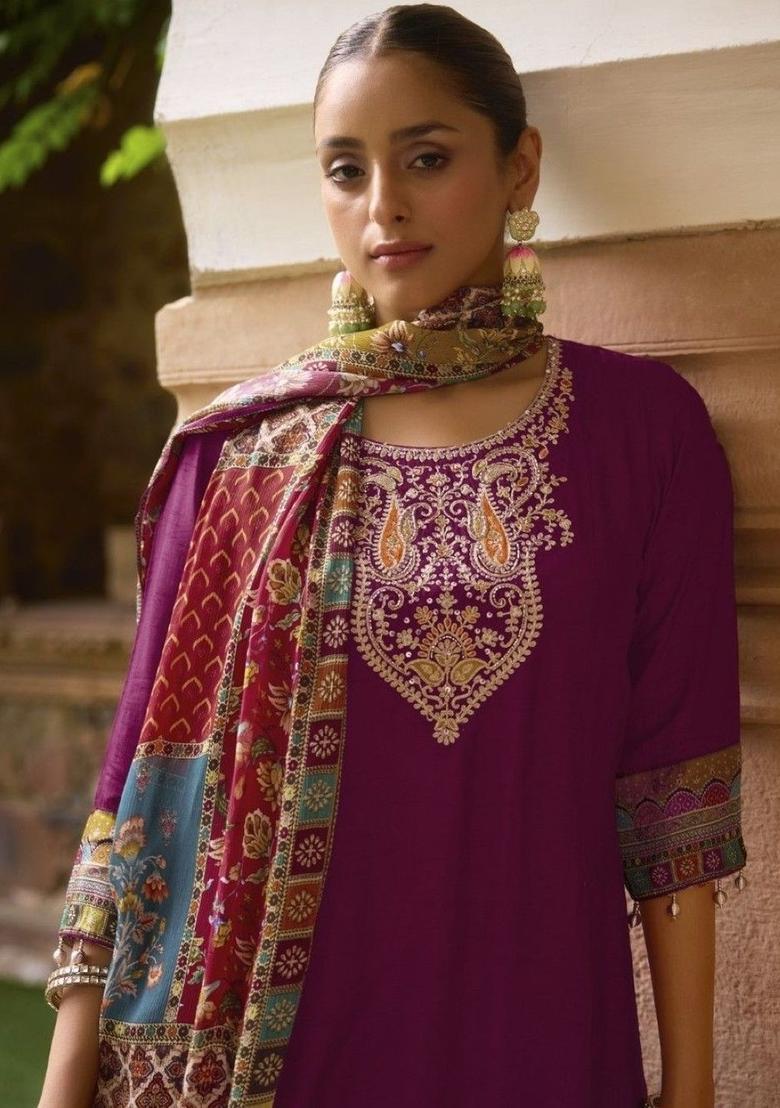 Purple Printed Silk Blend Kurta Sets - Indya