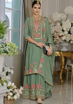 Green Embroidered Chinon Kurta Sets