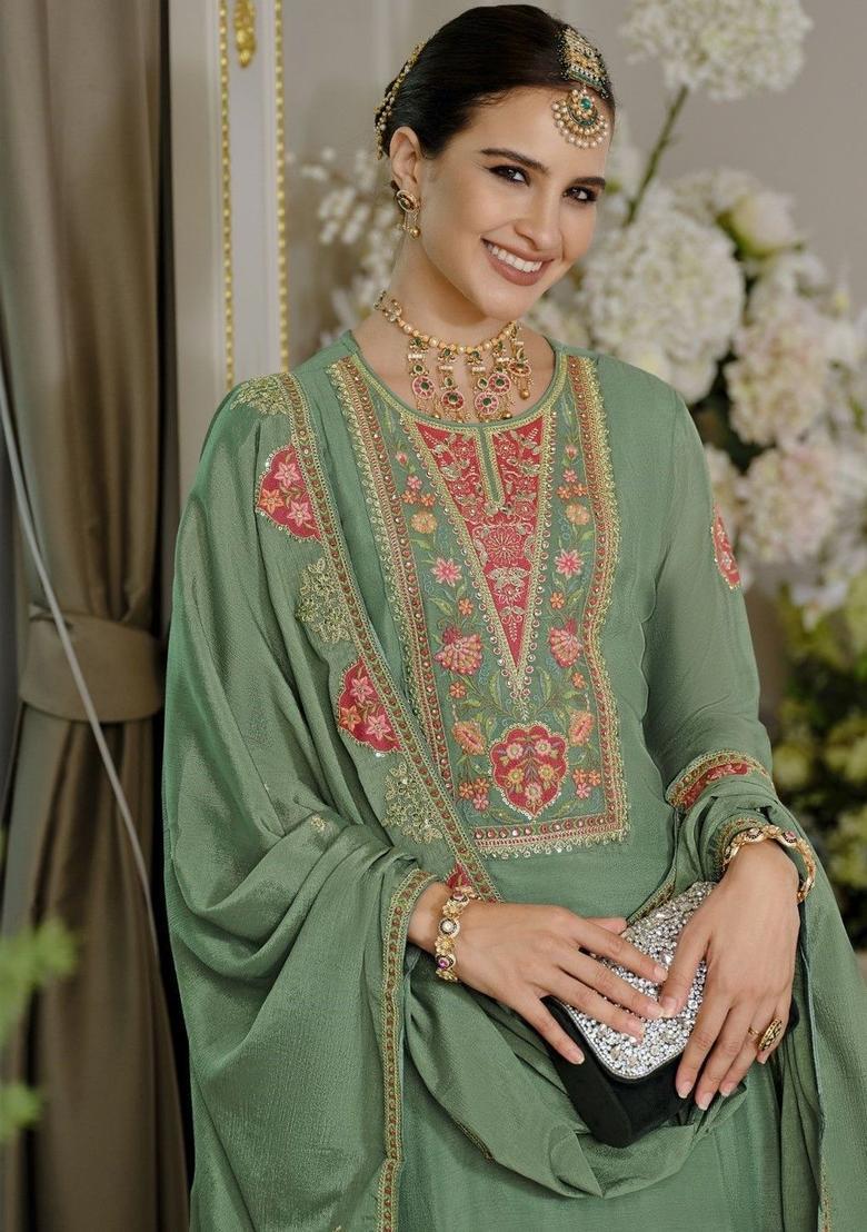 Green Embroidered Chinon Kurta Sets - Indya