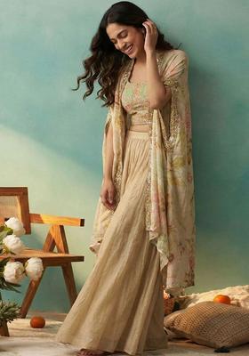 Beige Embroidered Silk Blend Kurta Sets