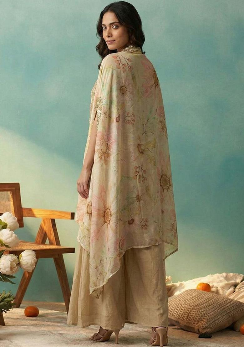 Beige Embroidered Silk Blend Kurta Sets - Indya