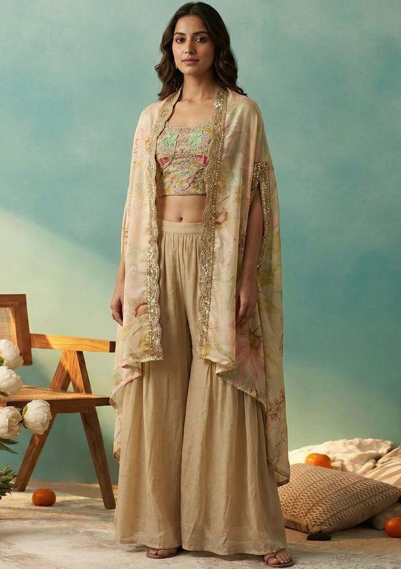 Beige Embroidered Silk Blend Kurta Sets - Indya