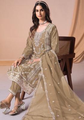 Brown Embroidered Organza Kurta Sets
