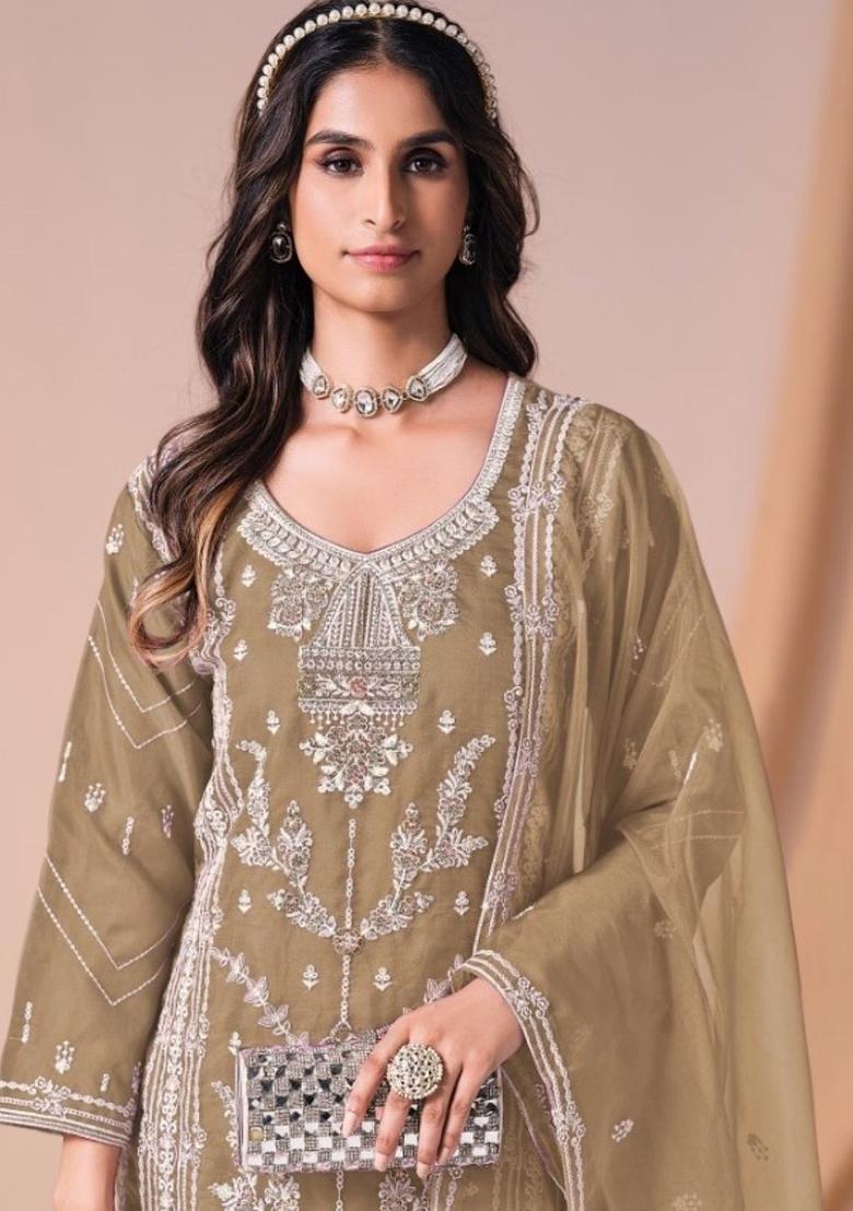 Brown Embroidered Organza Kurta Sets - Indya
