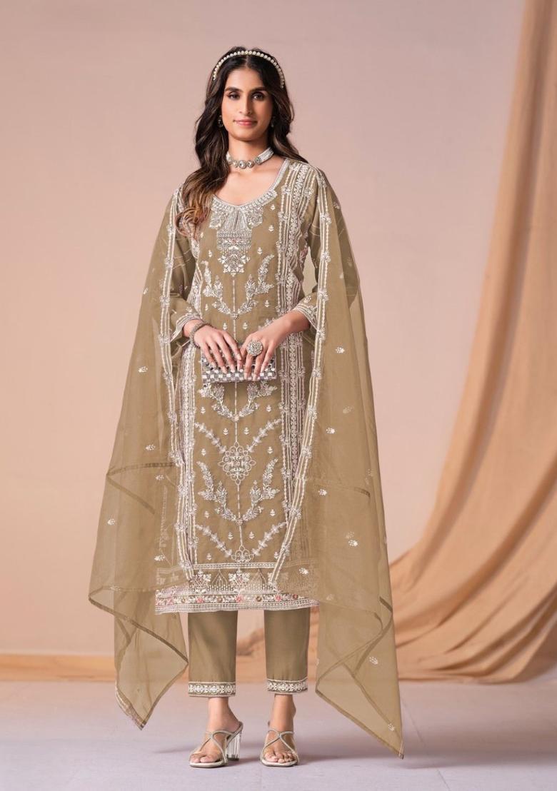 Brown Embroidered Organza Kurta Sets - Indya