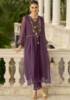 Purple Embroidered Nylon Anarkli Sets