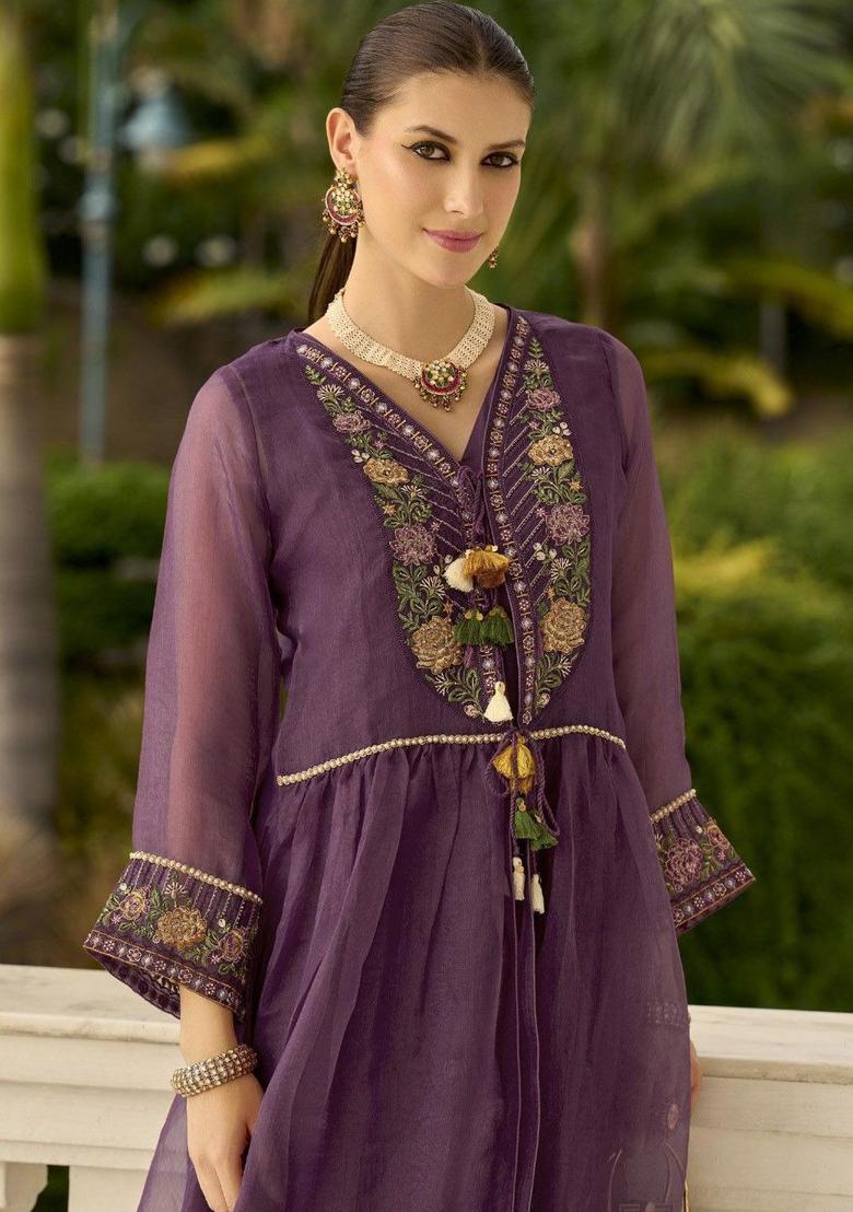 Purple Embroidered Nylon Anarkli Sets - Indya