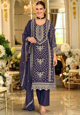 Navy Blue Embroidered Chinon Kurta Sets