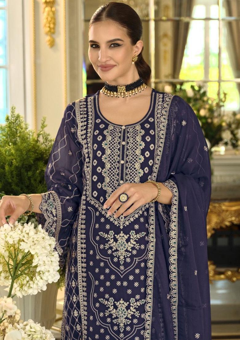 Navy Blue Embroidered Chinon Kurta Sets - Indya