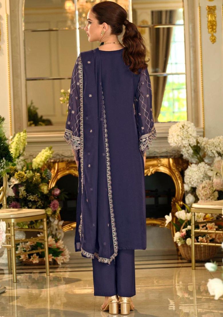 Navy Blue Embroidered Chinon Kurta Sets - Indya