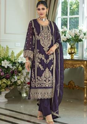 Purple Embroidered Organza Kurta Sets