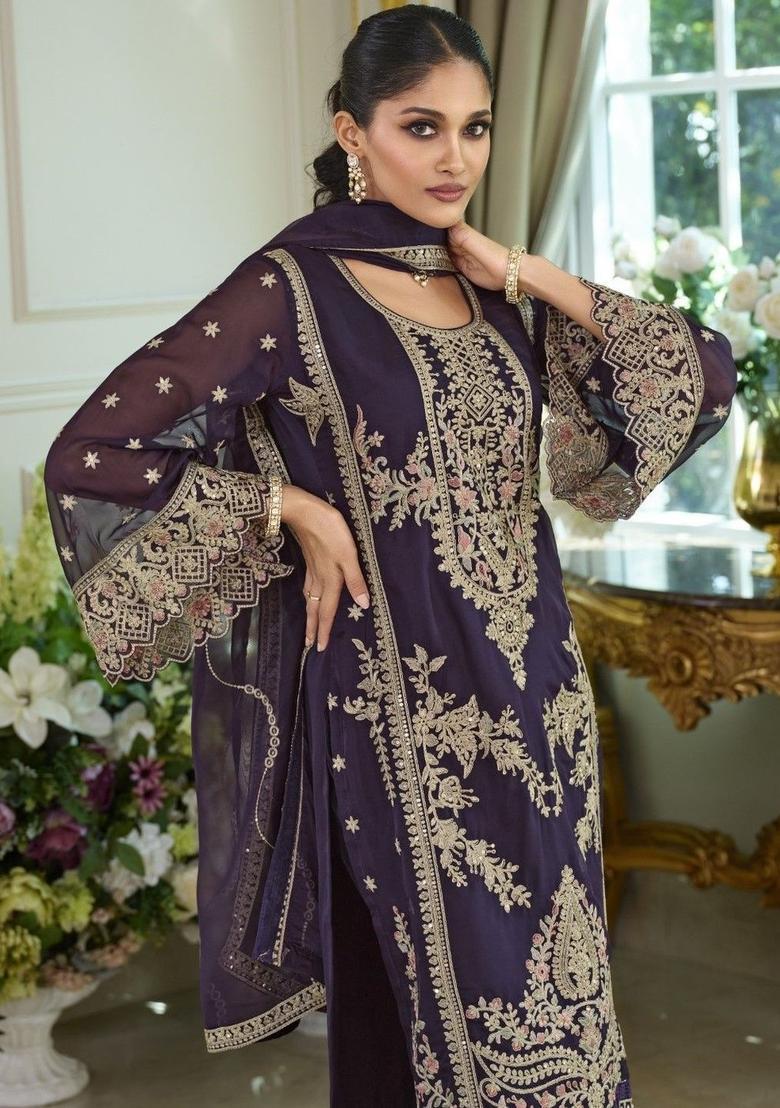 Purple Embroidered Organza Kurta Sets - Indya