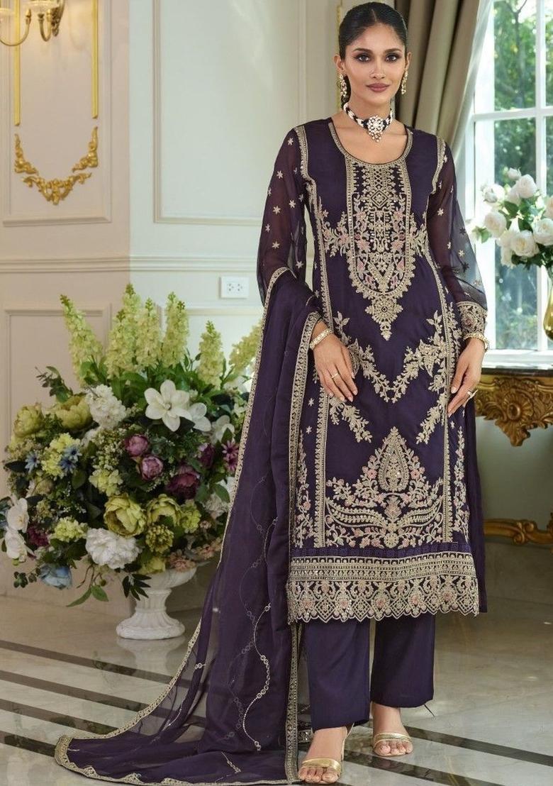 Purple Embroidered Organza Kurta Sets - Indya