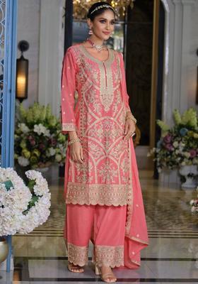 Pink Embroidered Chinon Kurta Sets