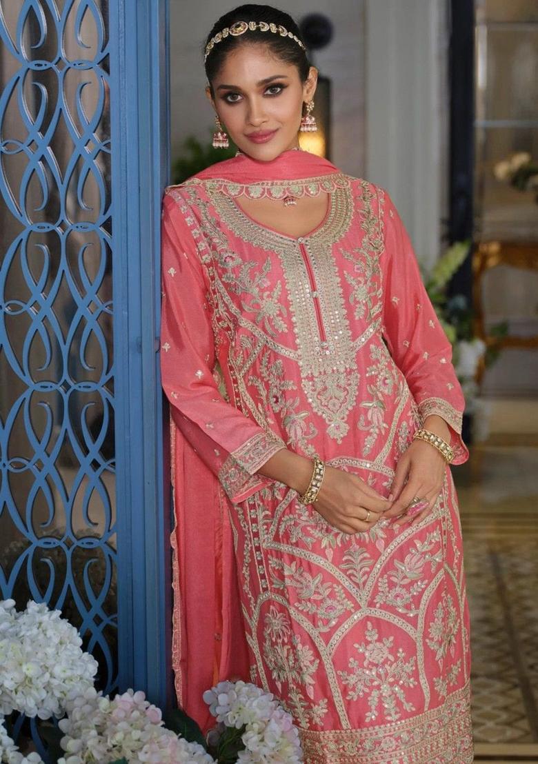 Pink Embroidered Chinon Kurta Sets - Indya