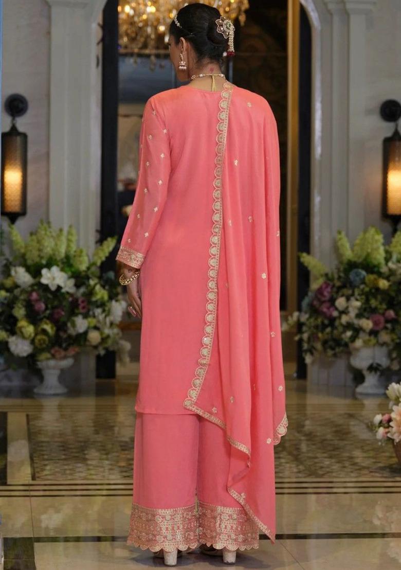 Pink Embroidered Chinon Kurta Sets - Indya