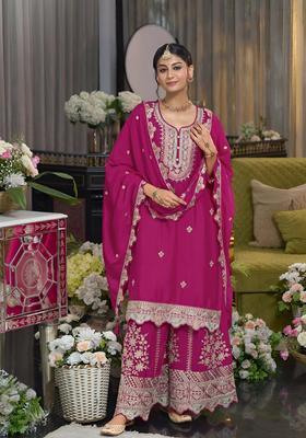 Magenta Embroidered Chinon Kurta Sets