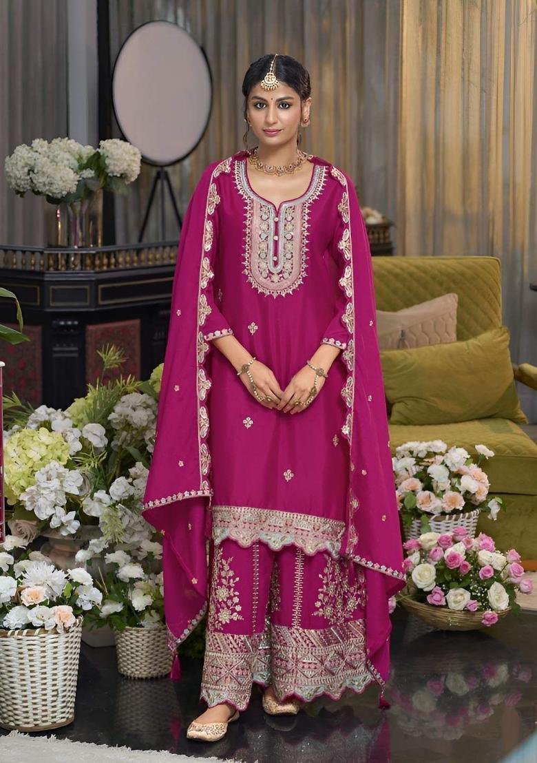 Magenta Embroidered Chinon Kurta Sets - Indya