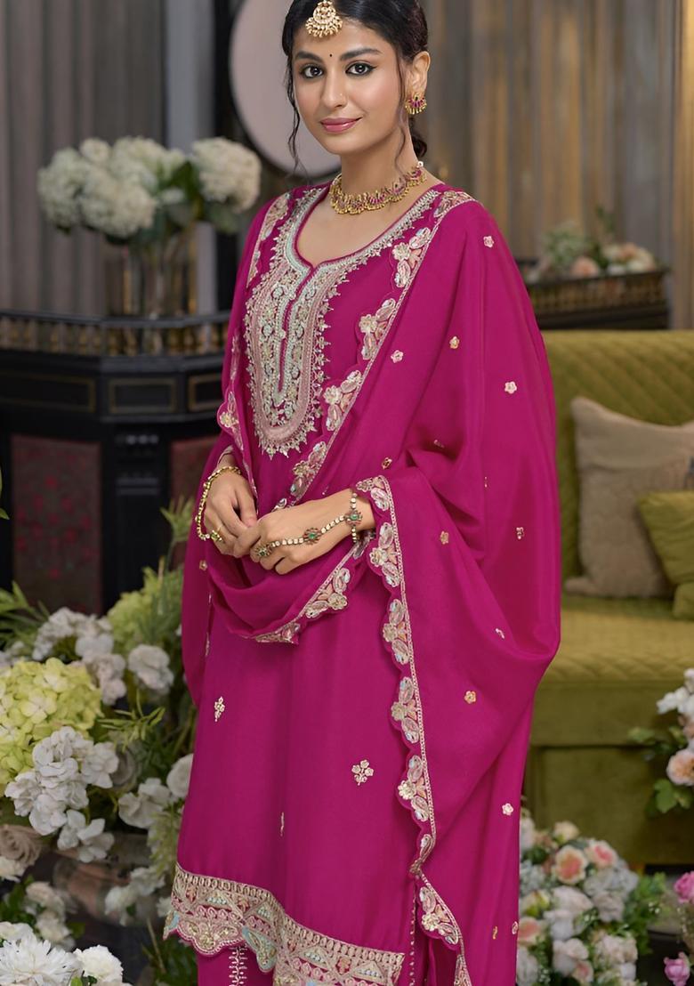 Magenta Embroidered Chinon Kurta Sets - Indya
