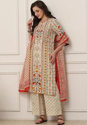 Cream Printed Cotton Kurta Sets