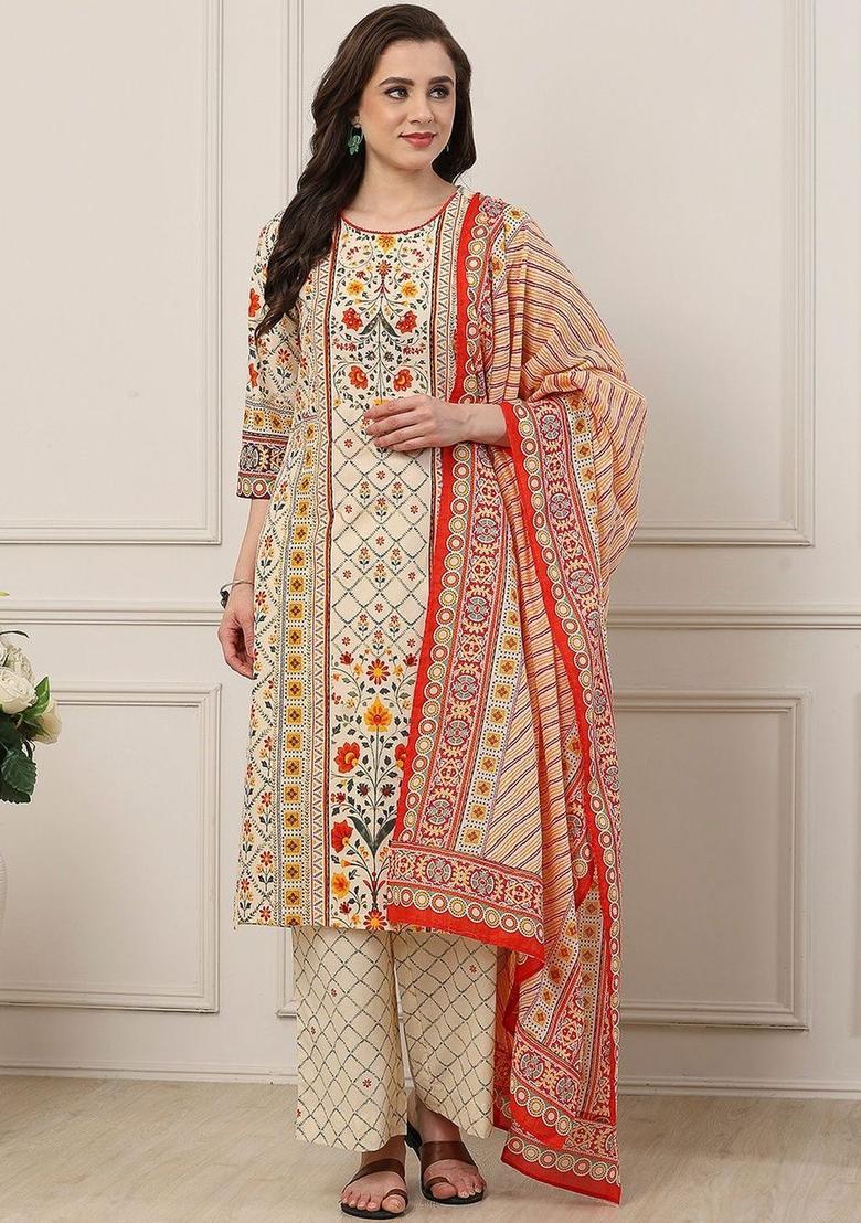 Cream Printed Cotton Kurta Sets - Indya