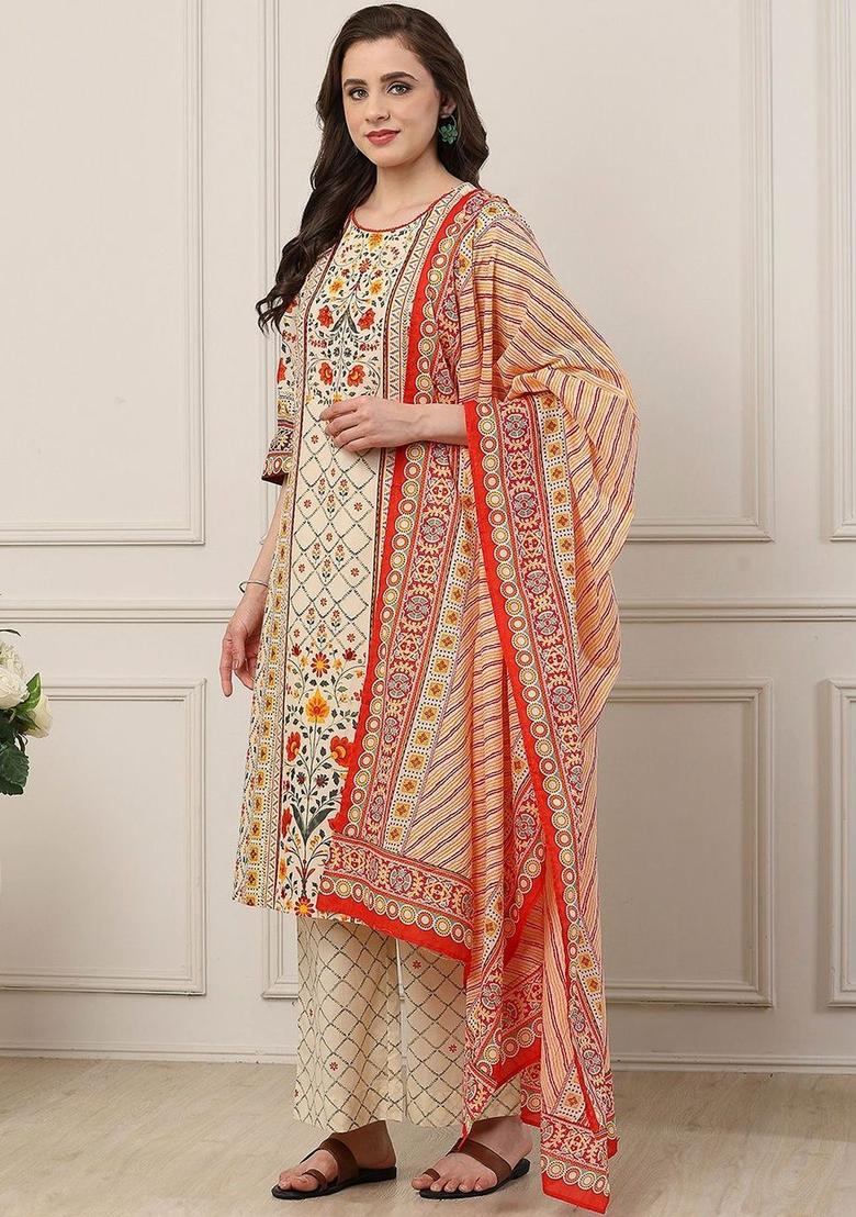 Cream Printed Cotton Kurta Sets - Indya
