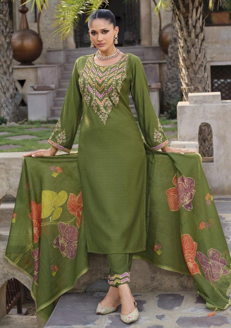 Olive Yoke Design Chinon Kurta Sets - Indya