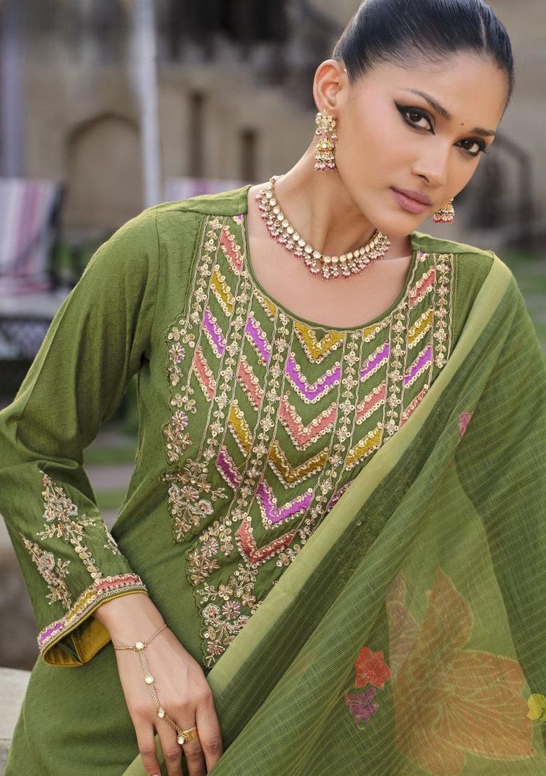 Olive Yoke Design Chinon Kurta Sets - Indya